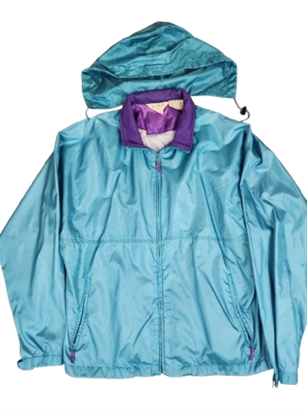 Vintage LL Bean Mens XLT Turquoise Windbreaker Hooded Jacket Purple Trim Nylon